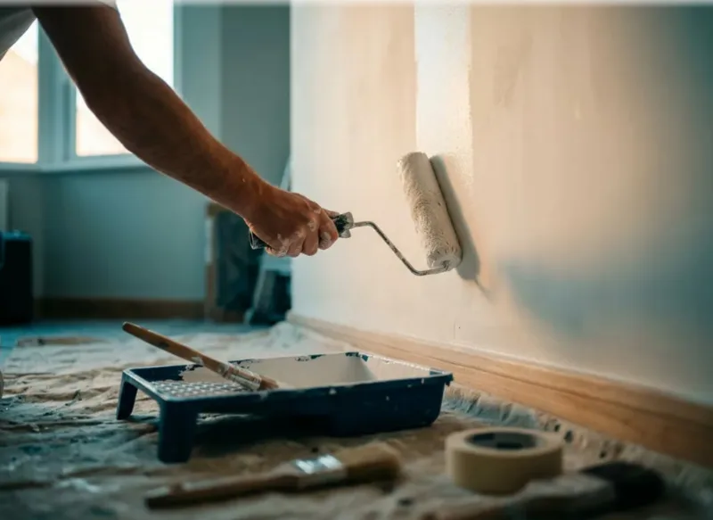 Painter and decorator applying breathable matte wall finish in a bright Maltese home