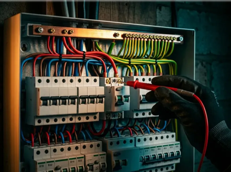 Licensed electrician in Malta inspecting a modern consumer unit with RCD protection