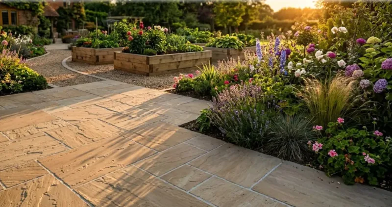 Landscaped Mediterranean courtyard and terrace garden in Malta with olive trees and limestone planters